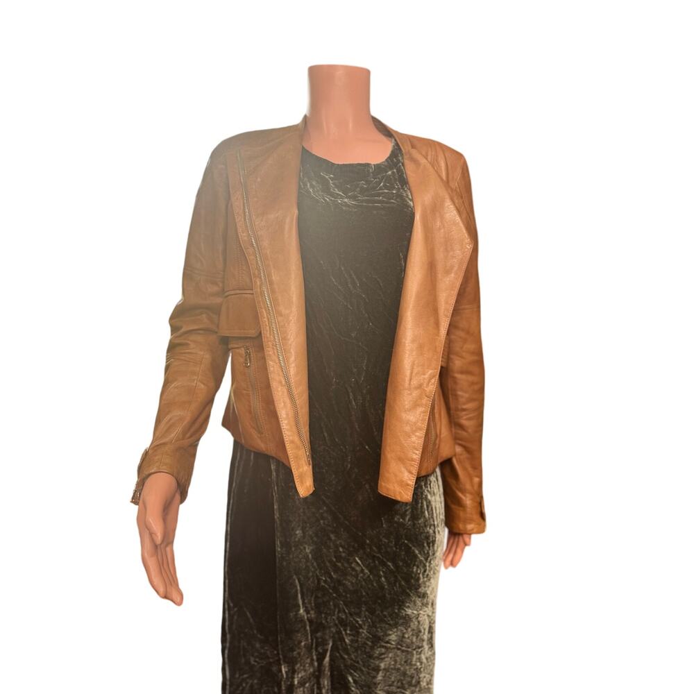 Veronica Beard Brown Leather Moto Jacket Biker Style Women’s Size XS - Picture 14 of 16